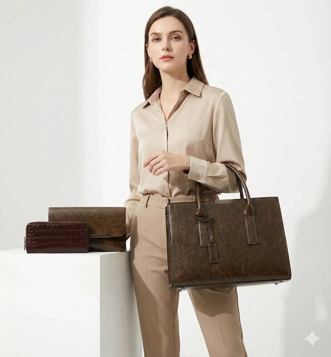 Hélène Paris | Ensemble sac et deux portefeuilles en cuir véritable
