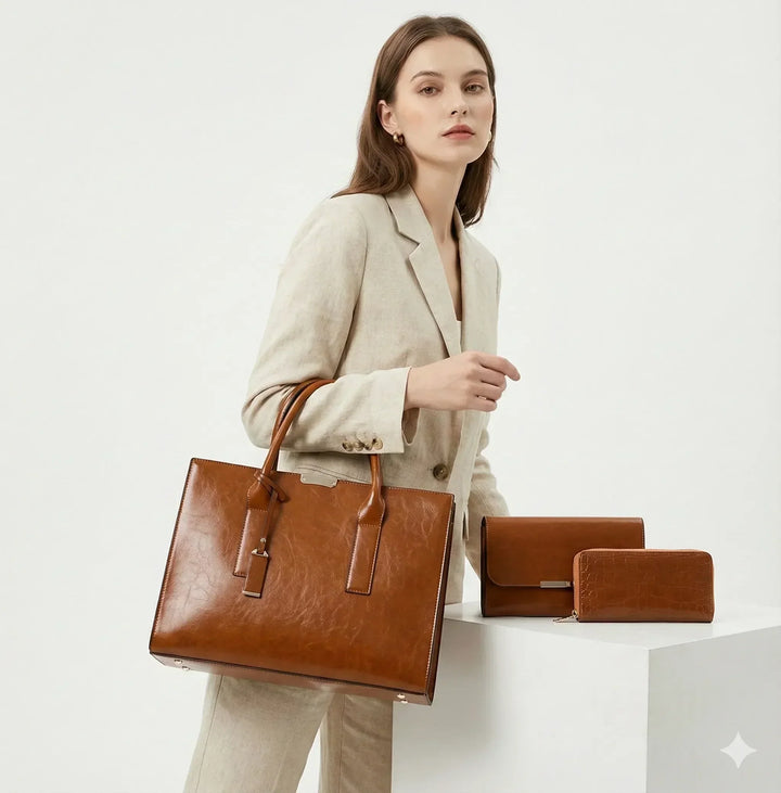 Hélène Paris | Ensemble sac et deux portefeuilles en cuir véritable