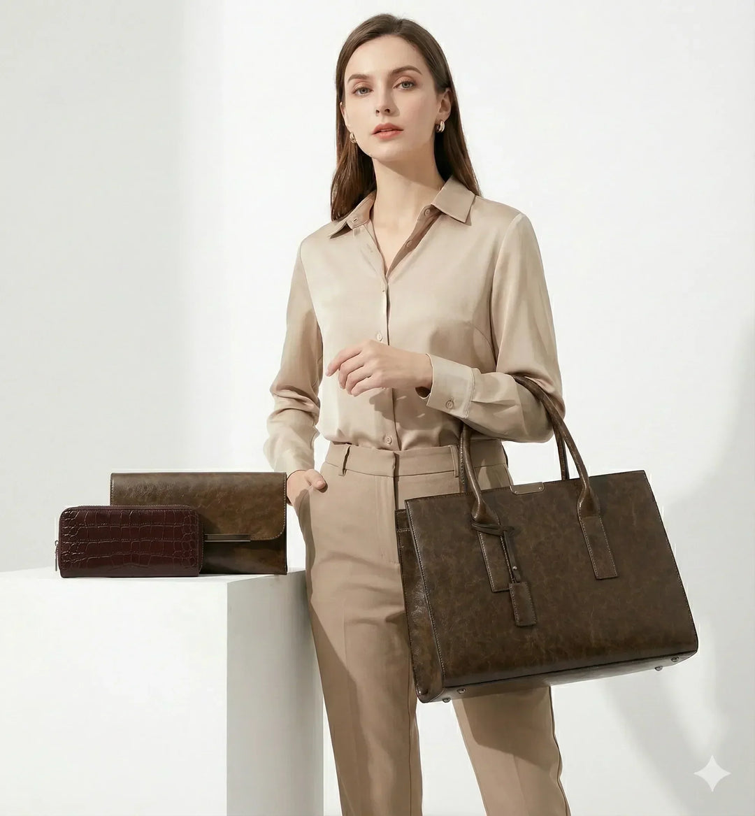 Hélène Paris | Ensemble sac et deux portefeuilles en cuir véritable