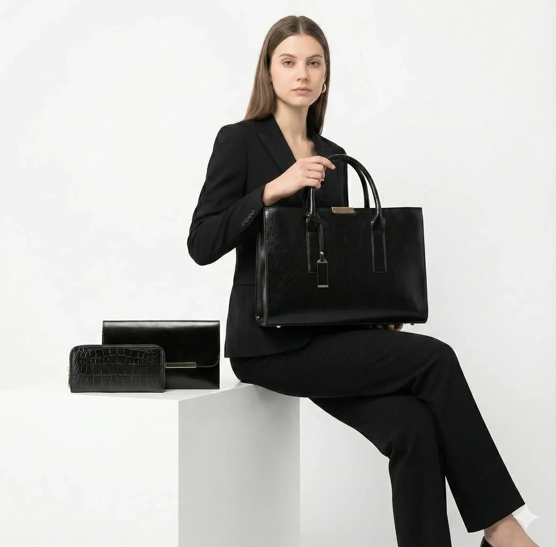 Hélène Paris | Ensemble sac et deux portefeuilles en cuir véritable