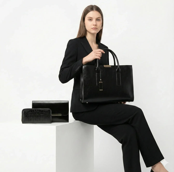 Hélène Paris | Ensemble sac et deux portefeuilles en cuir véritable