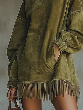 Anaëlle | Robe en suédine à col montant et franges