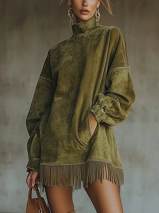 Anaëlle | Robe en suédine à col montant et franges