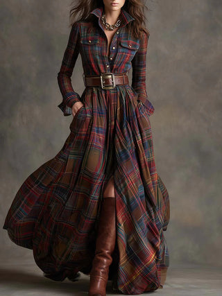 Margaux | Robe longue à carreaux avec ceinture