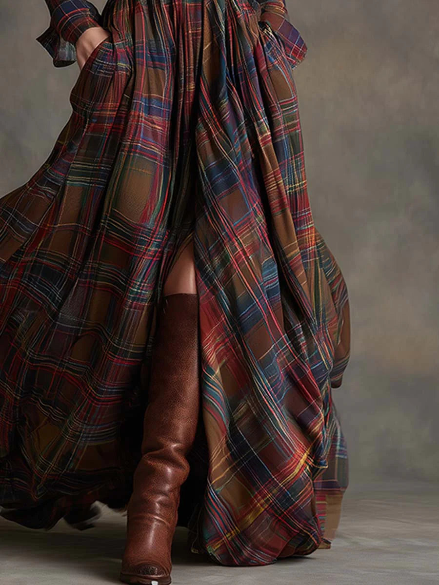 Margaux | Robe longue à carreaux avec ceinture