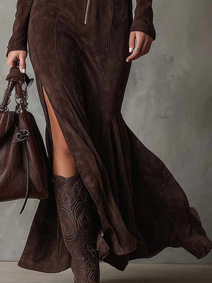 Agathe | Robe longue marron avec ceinture