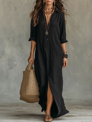 Daphné | Robe longue noire boutonnée