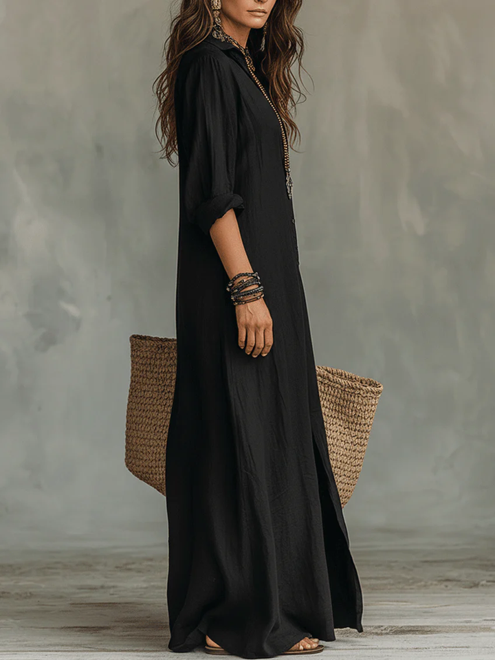 Daphné | Robe longue noire boutonnée