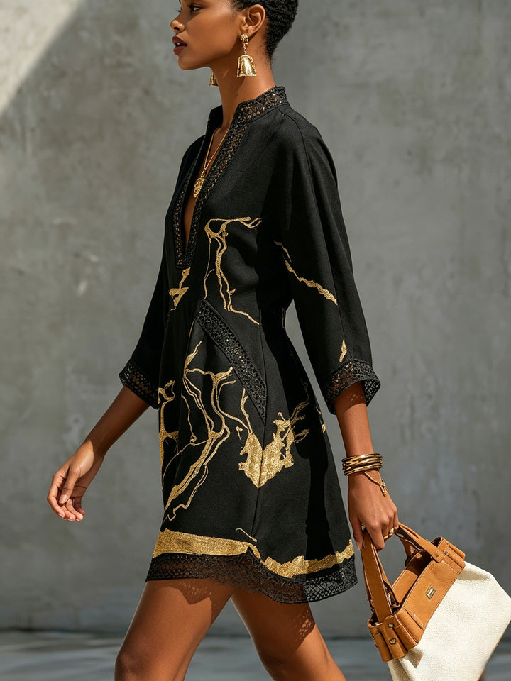 Astrid | Mini-robe noire à imprimé marbré doré