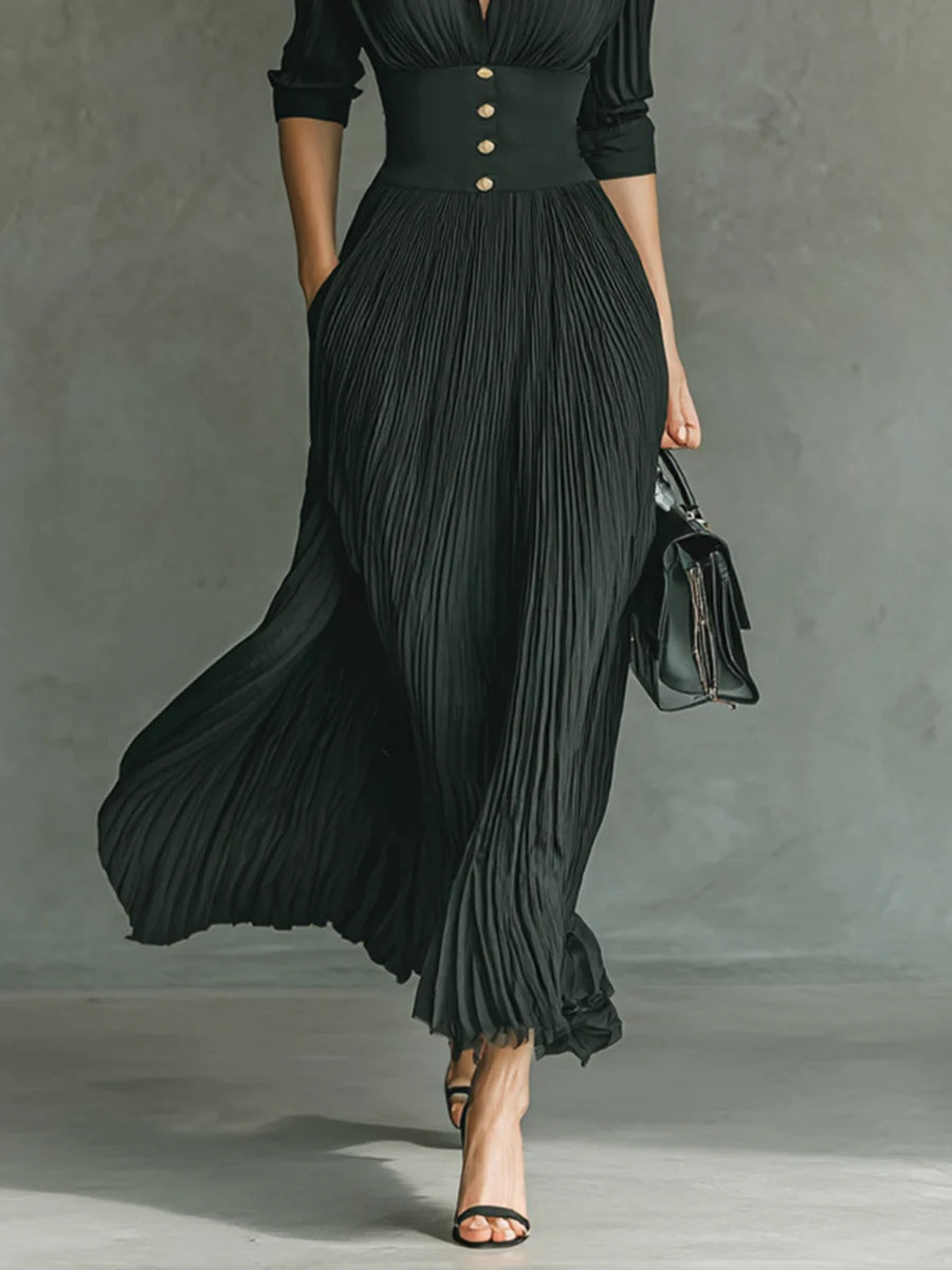 Isaline | Robe longue plissée à col revers et taille haute