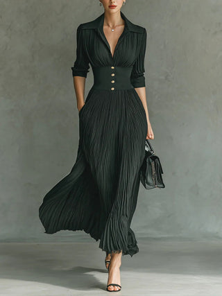 Isaline | Robe longue plissée à col revers et taille haute