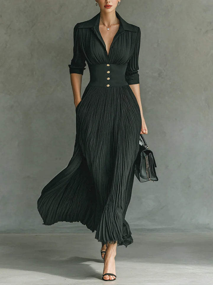 Isaline | Robe longue plissée à col revers et taille haute