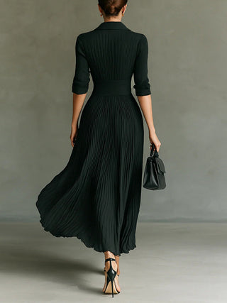 Isaline | Robe longue plissée à col revers et taille haute